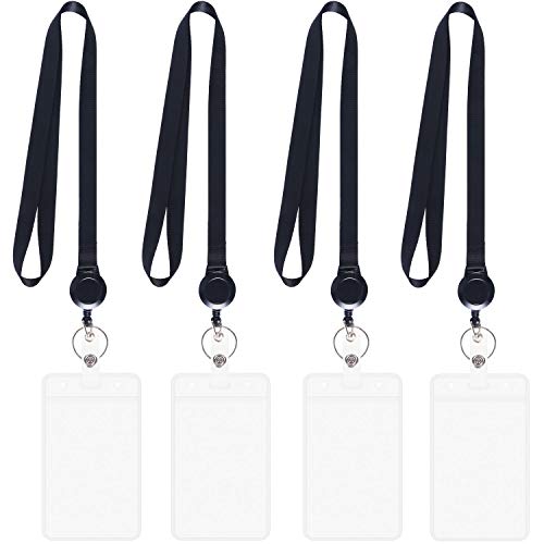4Pack Black Lanyards with Retractable Reel and Vertical ID Badge Holder - color: Black - 4 Pack