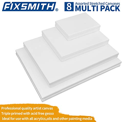 FIXSMITH Stretched Canvas, Multipack of 8, 5x7, 8x10, 11x14 & 12x16 Inches - 2 of Each, 100% Cotton, 8 oz Gesso-Primed, Art Supplies for Acrylic and Oil Painting. - size: Multipack-8Pack