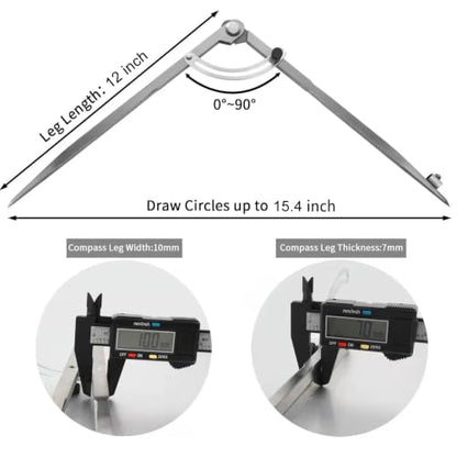 Pencil Compass 12 inch, Precision Woodworking Compass with Wing Divider and Pencil Holder, Metal Compass Ideal for Geometry Drafting and Technical Drawing, Engineering and More - size: 12inch