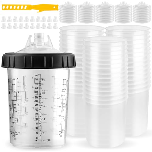 Disposable Paint Spray Gun Cups 28 Ounce(800ML)，45 Disposable Paint Cup with Lids, 1 Hard Cup with Retainer Ring, 20 Plugs & 1 Stirrer for HVLP/LVLP Guns - size: 28 Ounce Kit-45PCS