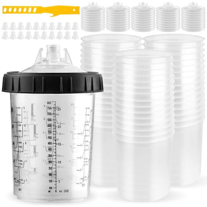 Disposable Paint Spray Gun Cups 28 Ounce(800ML)，45 Disposable Paint Cup with Lids, 1 Hard Cup with Retainer Ring, 20 Plugs & 1 Stirrer for HVLP/LVLP Guns - size: 28 Ounce Kit-45PCS