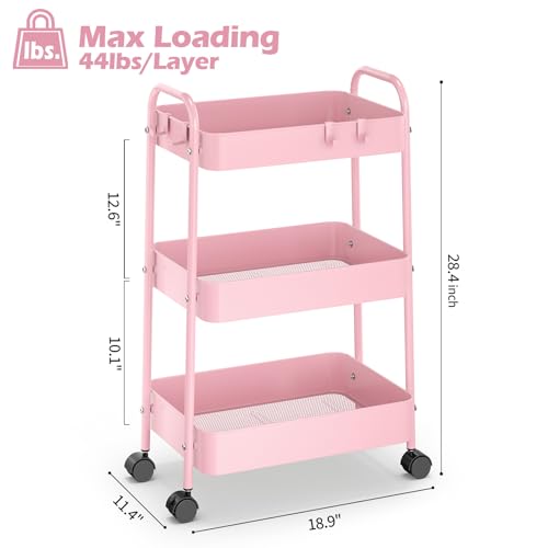 TOOLF 3 Tier Rolling Cart, Metal Utility Storage Cart with Wheels, Pink - color: Pink