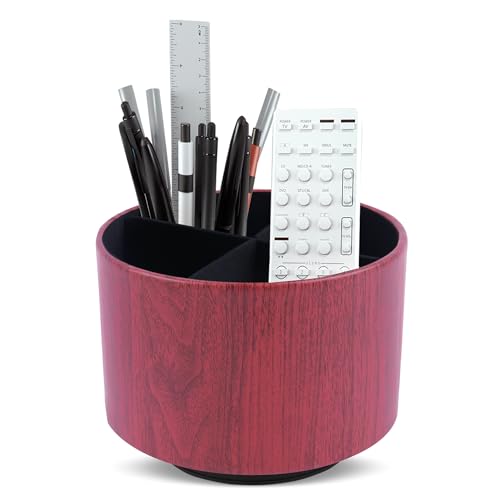 Round Leather Art Supply Organizer,Remote Control Holder,360 Degree Spinning,Multi-Functional Pencil Holder,4 Compartments Desktop Stationary Organizer(1-Thin Wood Red Brown) - color: 1-Thin Wood Red Brown