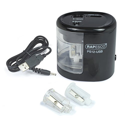 Rapesco 1449 PS12-USB Electric Pencil Sharpener, Dual Hole, Black - color: Black
