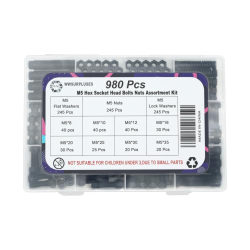 980Pcs M5 Screw Kit, Hex Socket Head Cap M5 Screws, M5 Bolts Nuts Washers - color: Black, size: Black M5 (980 Pcs)