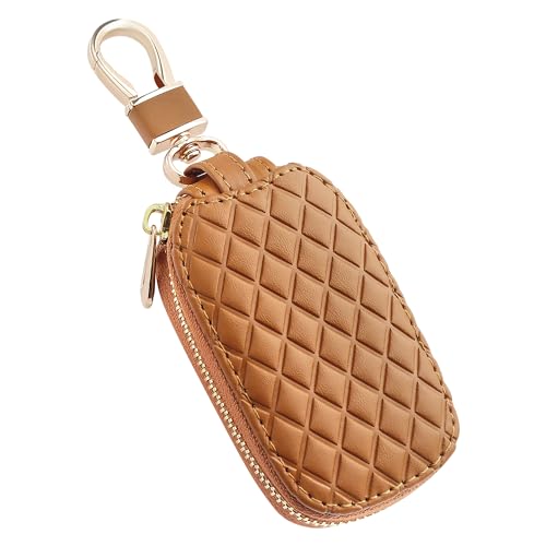IHOTDER Stylish Car Key Case with Keychain and Zipper - Genuine Leather Car Key Case Holder for Remote Key Cover Replacement (Brown) - color: Brown