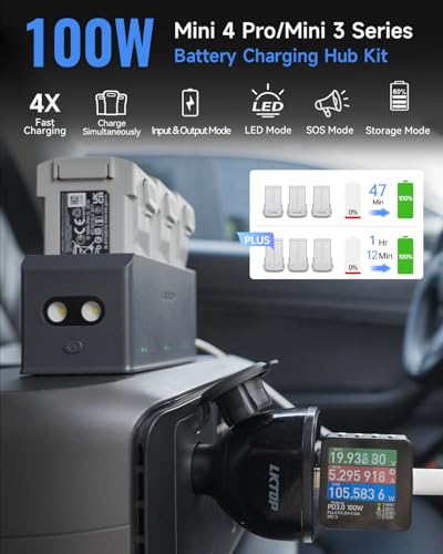 LKTOP 100W Mini 5/4/3 Series Battery Charging Hub with 130W Car Charger USB-C Super Fast Charger for DJI Mini 5 Pro/4 Pro/3 Pro/3, SKYROVER X1 Drone Accessories (Parallel Charge 3 Batteries: 47/90min)