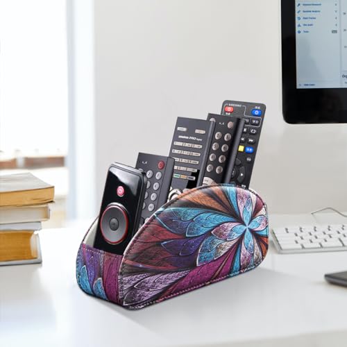 PU Leather Remote Control Holder TV, Remote Caddy for Table 5 Compartments - color: Fractal Flower, size: Small
