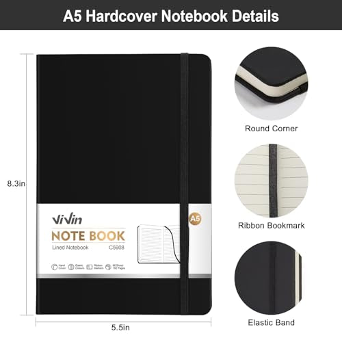 ViVin 3 Pack A5 Hardcover Lined Notebook,192 pg College Ruled 5.5x8.3 - color: Black+white+gray, size: 3 Pack