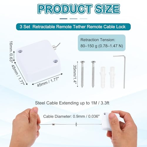 PATIKIL Retractable Remote Control Cable Tether (3.3ft /1M, White)(3 Set) Remote Control Security Lanyard Lock Adjustable Locking Leash with Plastic Cap and Screws, Suit for - TVs/Tablets - color: White, size: 3.3 ft