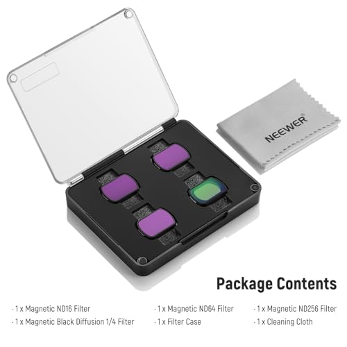 NEEWER Filter Set Compatible with DJI Osmo Pocket 3 / Pocket 4 / Xtra Muse, Magnetic ND (ND16 + ND64 + ND256) & Black Diffusion 1/4 Filter for Mist Cinematic Effect - style: 4 Pack ND+Black Diffusion 1/4