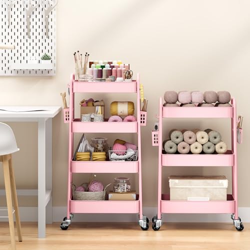 TOOLF 4 Tier Rolling Cart, Metal Utility Storage Cart with Pegboard, Pink - color: Pink, size: 4-Tier