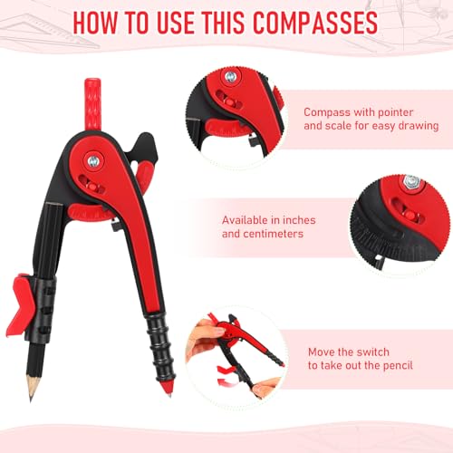 Eboot Student Geometry Math Set, Drawing Compass and 6 in, Red - color: Red