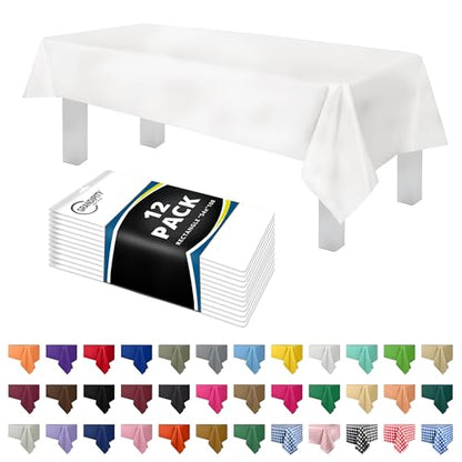 Grandipity Plastic Table Cloth Disposable 12 Pack 54” x 108” Rectangle - color: White, size: 54in. x 108in. Rectangle
