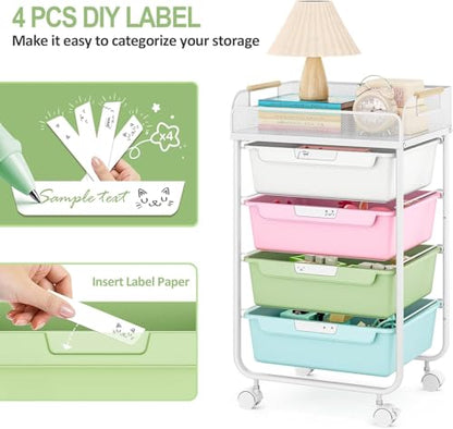 SYKIARIOL 4-Drawer Rolling Storage Cart with Mesh Top,Colourful - color: Colorful