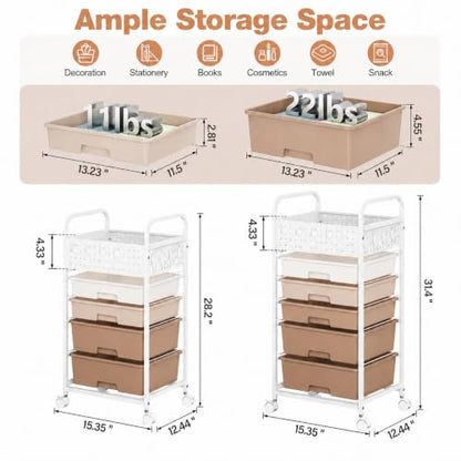 5 Drawer Rolling Storage Cart with Pegboard Top and Hooks, Brown - color: Brown, size: 5-Drawers