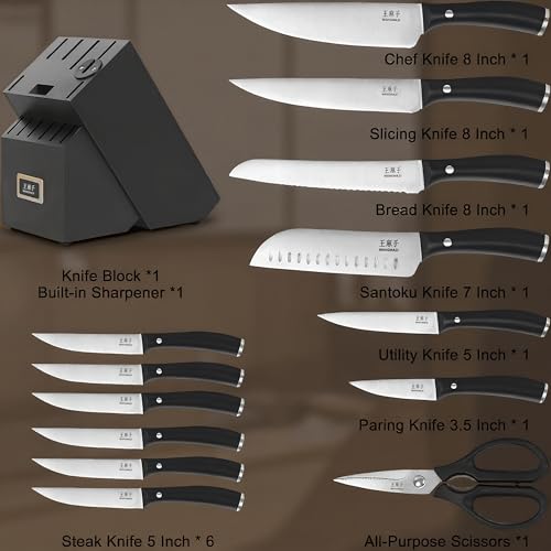 WANGMAZI 15‑Pcs Knife Block Set, Stainless Steel, Black - color: 03-Black
