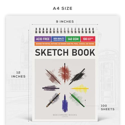 Beechmore Books 9x12 Top Spiral Sketchbook 140 GSM 100 Perforated Pages - size: A4 (9" x 12")