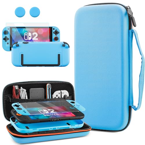 PAWDIARY Blue Switch 2 Carrying Travel Bag Accessories, with Hardshell PC Case Dockable Compatible with Nintendo Switch 2 2025 Console, HD Screen Protector and 2 Thumps Caps - color: Blue