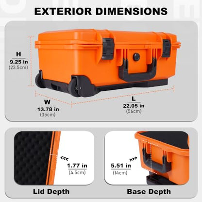 Large Rolling Camera Equipment Hard Case with Custom Foam,Waterproof and Shockproof for Drone,Telescopic Handle, Airplane Approved, 22.05x13.78x9.25in, Orange - color: Orange