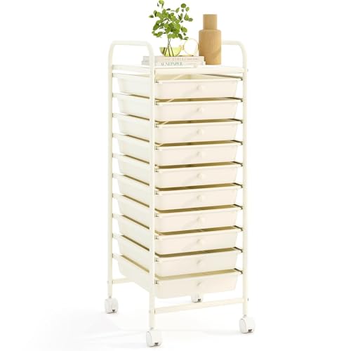 RELAX4LIFE 10 Drawer Rolling Cart - Slim Storage Cart w/Lockable Wheels - color: White, size: 34''H