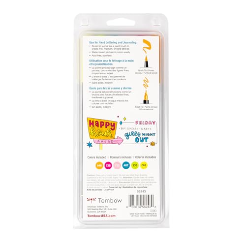 Tombow 56243 Dual Brush Pen Art Markers, Happy Hour, 6-Pack. Brush/Fine Tip