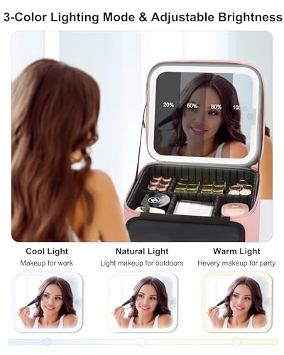 Relavel Makeup Bag with LED Mirror, Small Travel Makeup Case, Pink - color: 01-Pink, size: 1-Small(2 Layers)