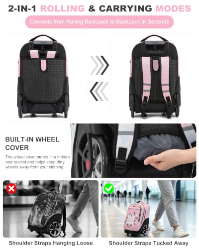 NEW TILAMI 19 Inch Rolling Backpack for School Stair-Climbing Big Wheel - color: Pink Flower