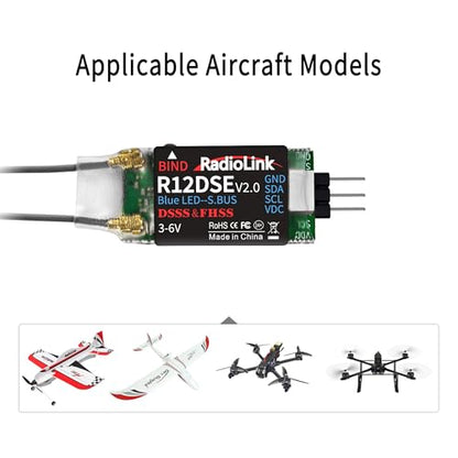 Radiolink R12DSE 2.4Ghz 12 Channels Micro RC Receiver SBUS/PPM Voltage Telemetry Long Range Control for FPV Racing Drone, Quadcopter, Helicopter