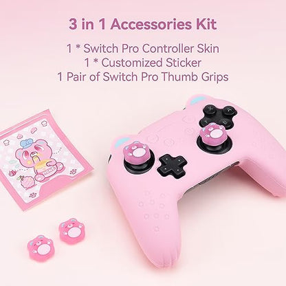 GeekShare Sugar Bear Controller Skin Set Anti-Slip Silicone Protective Cover Skin Case for Switch Pro Controller with 2 Thumb Grip Caps and 1 Sticker - Pink
