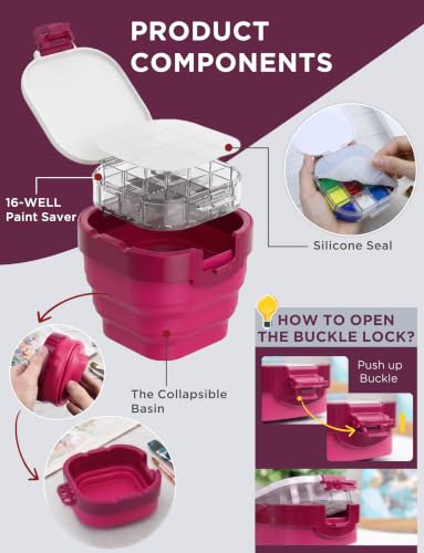 16-Well Airtight Empty Palette Box with Lid & Foldable Water Cup, Pink - color: Pink