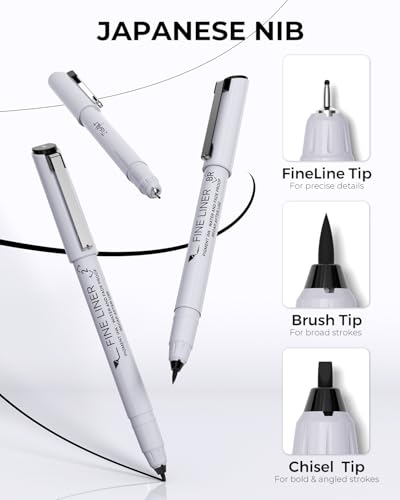 JusArt Fineliner Pens, Ultra Fine, Fine, Brush & Chisel, 12 Sizes - color: 12-Black