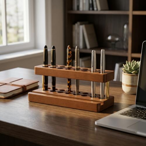 Pen Holder for Desk, Pencil Organizer, Fountain Pen Display Stand - color: Double-row - Walnut