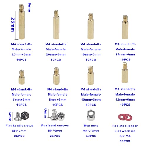 230PCS M4 Brass Male-Female Hex Standoffs, Screws Nuts & Washers Kit - size: M4