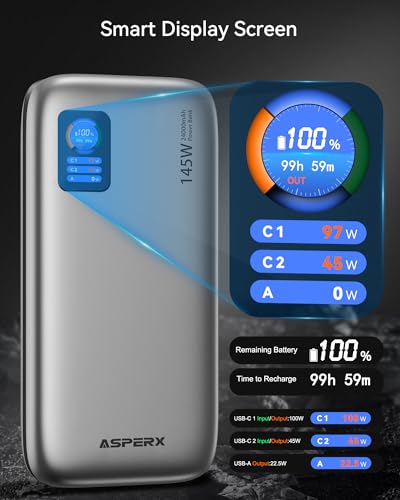 AsperX Laptop Power Bank, 145W USB C PD 3.1 Fast Charging Portable Charger - color: Silver