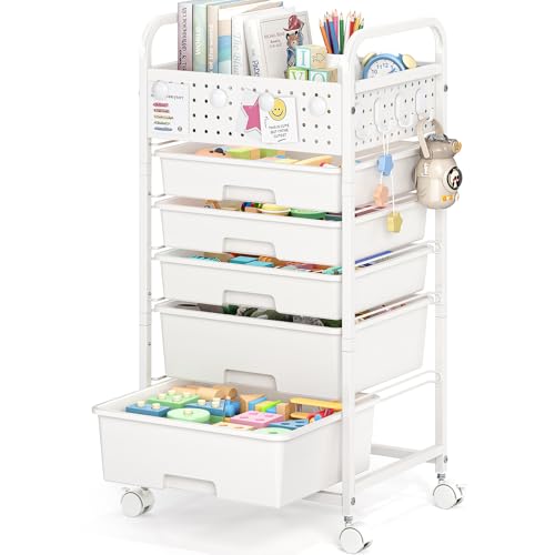 5 Drawer Rolling Storage Cart with Pegboard Top and Hooks, White - color: White, size: 5-Drawers