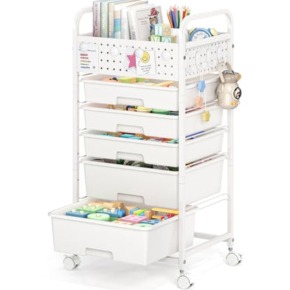 5 Drawer Rolling Storage Cart with Pegboard Top and Hooks, White - color: White, size: 5-Drawers