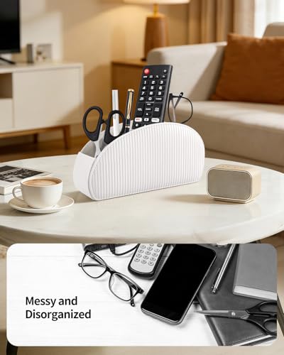 SITHON Remote Control Holder with 5 Compartments - color: Stripe-Pearl White, size: Small