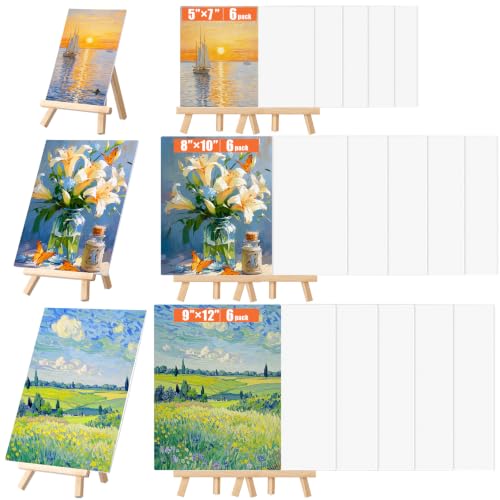 Maitys 24 Pack Painting Kits 18 Canvas Boards with 6 Wooden Easel 3 Size