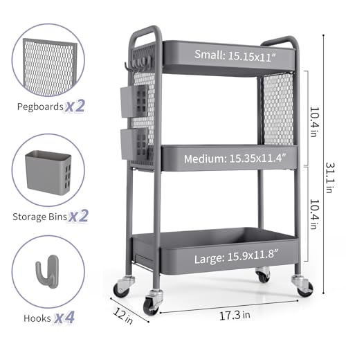 TOOLF 3 Tier Rolling Cart, Metal Utility Storage Cart with Pegboard, Grey - color: Gray, size: 3-Tier