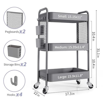 TOOLF 3 Tier Rolling Cart, Metal Utility Storage Cart with Pegboard, Grey - color: Gray, size: 3-Tier