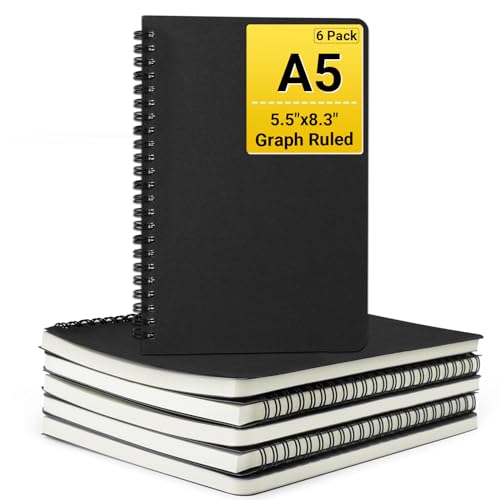 EUSOAR Graph Paper Notebook, A5 6Packs 5.5"x8.3" 120 Pages Hardcover Grid Paper Notebook Journals, Wirebound Journal Composition Notebook for Engineering Math Science College Office Note Taking-Black - size: A5, style: Graph