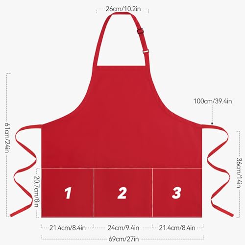 NLUS Kitchen Cooking Apron with 3 Pockets, Adjustable Bib Apron Chef Aprons for Women Men - color: Red