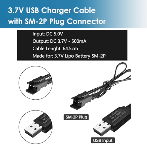 3.7V USB Charger Cable with SM-2P Connector for RC Cars Boat Trucks 1S Li-ion and Li-Po Battery(2 Pack)