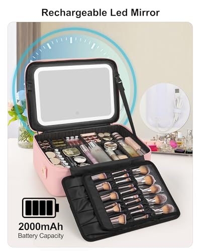 Relavel Large Makeup Case with LED Mirror, 16.2" Train Case with Dividers - color: 01-Pink, size: 3-Large