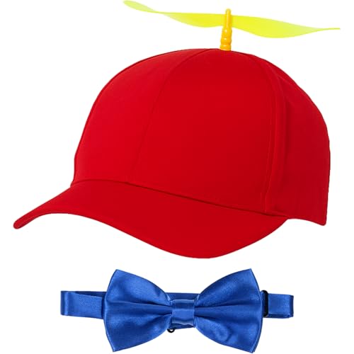 Sintege Propeller Hat Nerd Silly Twirly Cap Helicopter Cap with Spinner and Adjustable Bowtie for Costumes - color: Red and Blue