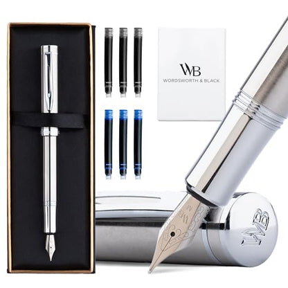 Wordsworth & Black Mini Pocket Fountain Pen for Writing, Medium Nib, Silver - color: Silver Chrome