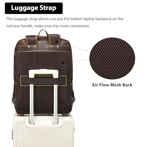 LANNSYNE Full Grain Leather Backpack For Men, 17" Laptop Backpack - color: Brown