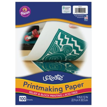 UCREATE Printmaking Paper, White, 9" x 12", 100 Sheets/Pack, 12 Packs - size: 9" x 12" (12-Pack)