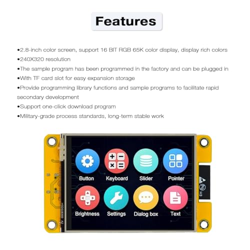 Hosyond 2.8'' ESP32 Display Resistive Touch Screen with WiFi+BT, ILI9341 Driver 240x320 TFT LCD Screen Module for Arduino - size: 2.8"